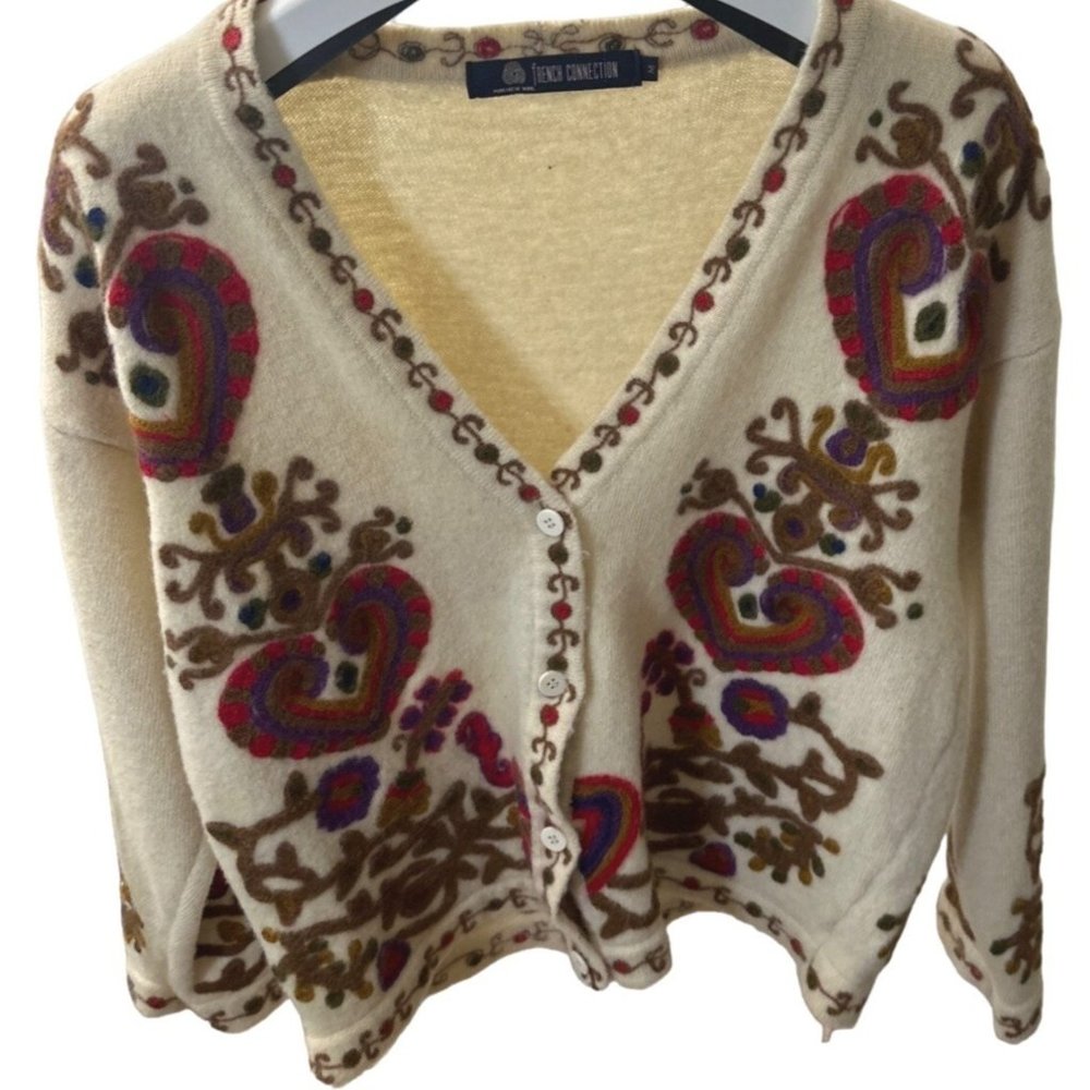 Cream Wool Cardigan / Sweater with Multicolor patterns. "French Connection"
